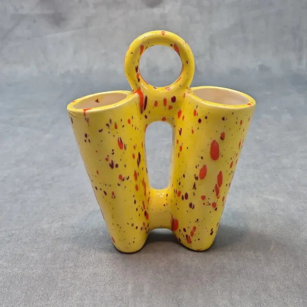 Vintage 1980s Ceramic Double Bud Vase Splatter Speckled Yellow Orange Drip Vase